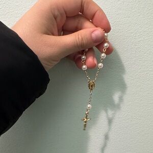 Gold Pearl Rosary Pendant Necklace - Women's Religious Jewelry